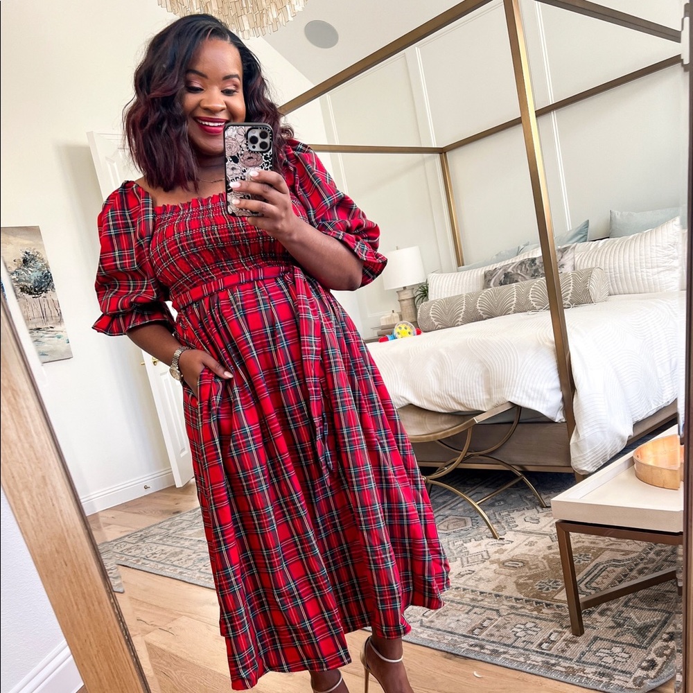 Red Plaid Puff-Sleeve Midi Dress